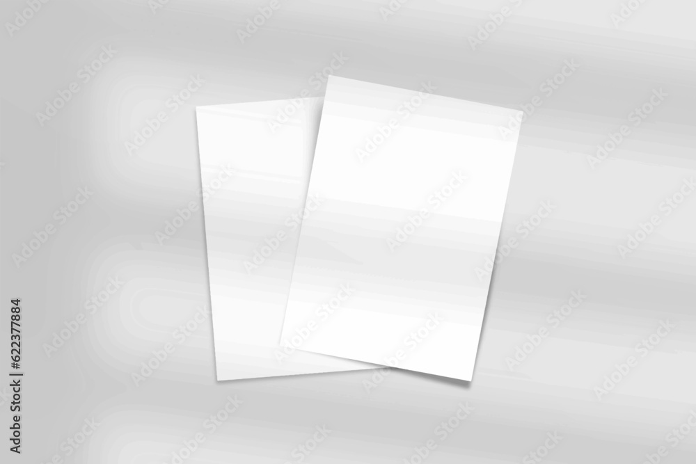 Two Blank Mockup A4 Paper Leaflet, Flyer, Broadsheet, Follicle, Presentation with Leaf Shadow overlay. 3D Vector Illustration Isolated On White Background. Two Blank Mockup A4 Paper Leaflet, Flyer, Broadsheet, Follicle, Presentation with Leaf Shadow overlay. 3D Vector Illustration Isolated On White Background.