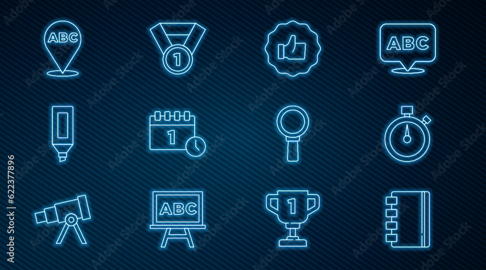 Set line Spiral notebook, Stopwatch, Hand thumb up, Calendar first september date, Marker pen, Alphabet, Magnifying glass and Medal icon. Vector Set line Spiral notebook, Stopwatch, Hand thumb up, Calendar first september date, Marker pen, Alphabet, Magnifying glass and Medal icon. Vector