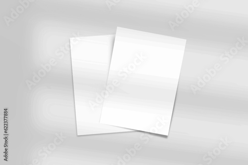 Two Blank Mockup A4 Paper Leaflet, Flyer, Broadsheet, Follicle, Presentation with Leaf Shadow overlay. 3D Vector Illustration Isolated On White Background.