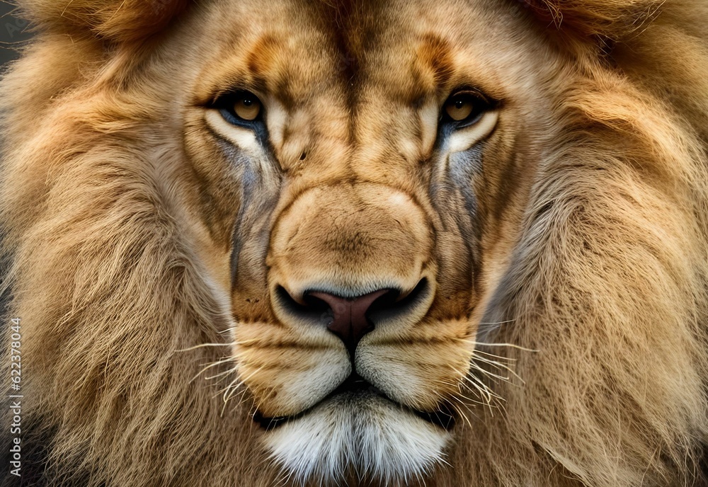 AI generated illustration of a lion portrait with a long mane and wrinkled forehead