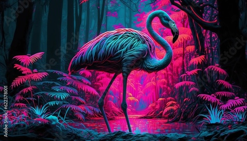AI generated illustration of a flamingo standing in water in the forest © Alhaitham Gamal/Wirestock Creators