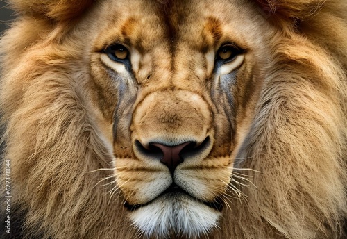 AI generated illustration of a lion portrait with a long mane and wrinkled forehead