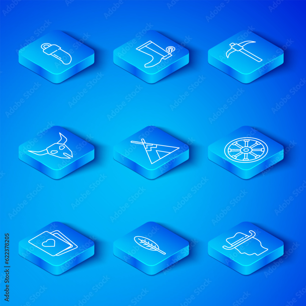 Set line Deck of playing cards, Indian teepee or wigwam, feather, Old wooden wheel, Pickaxe, Buffalo skull, Tooth and Cowboy icon. Vector Set line Deck of playing cards, Indian teepee or wigwam, feather, Old wooden wheel, Pickaxe, Buffalo skull, Tooth and Cowboy icon. Vector