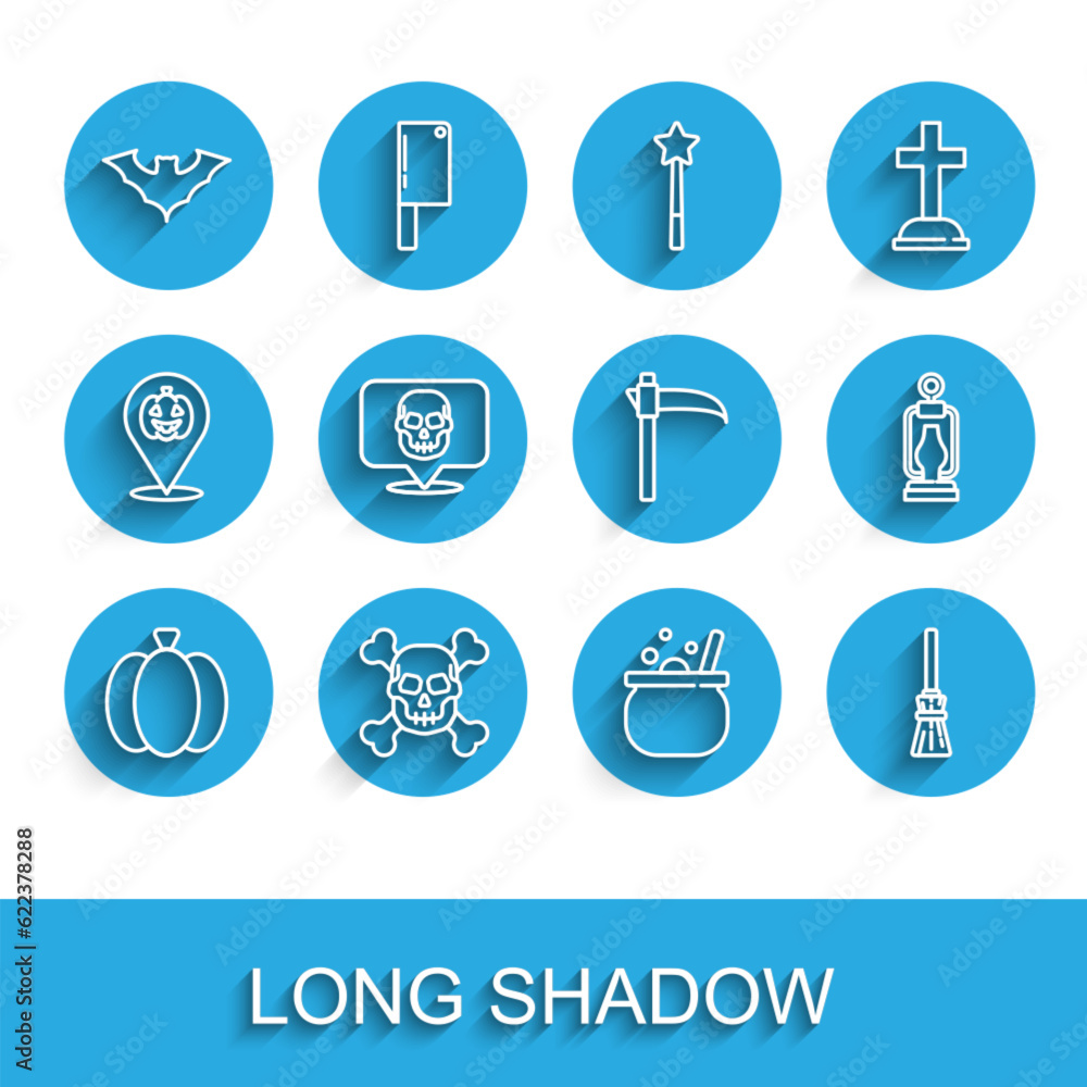 Set line Pumpkin, Skull on crossbones, Flying bat, Halloween witch cauldron, Witches broom, Camping lantern and Scythe icon. Vector Set line Pumpkin, Skull on crossbones, Flying bat, Halloween witch cauldron, Witches broom, Camping lantern and Scythe icon. Vector