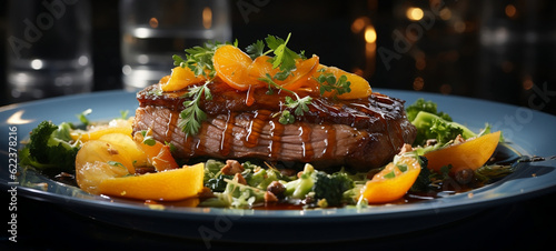 Duck a lorange with citrus sauce and vegetable garnish. Generative AI.  photo