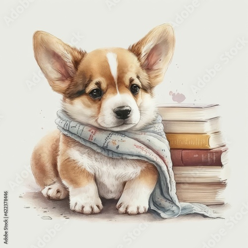AI generated illustration of a cute corgi puppy wearing a scarf, sitting beside a stack of books