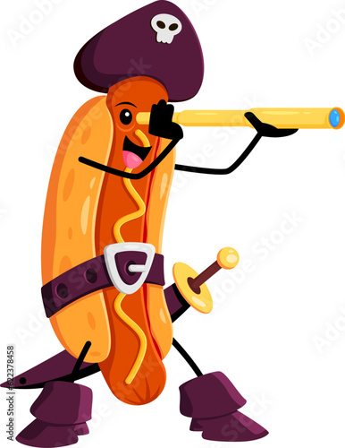 Cartoon fast food hotdog pirate and corsair character. Street food meal corsair cute mascot, takeaway cafe or restaurant hotdog filibuster isolated vector funny personage with spy glass, tricorn hat