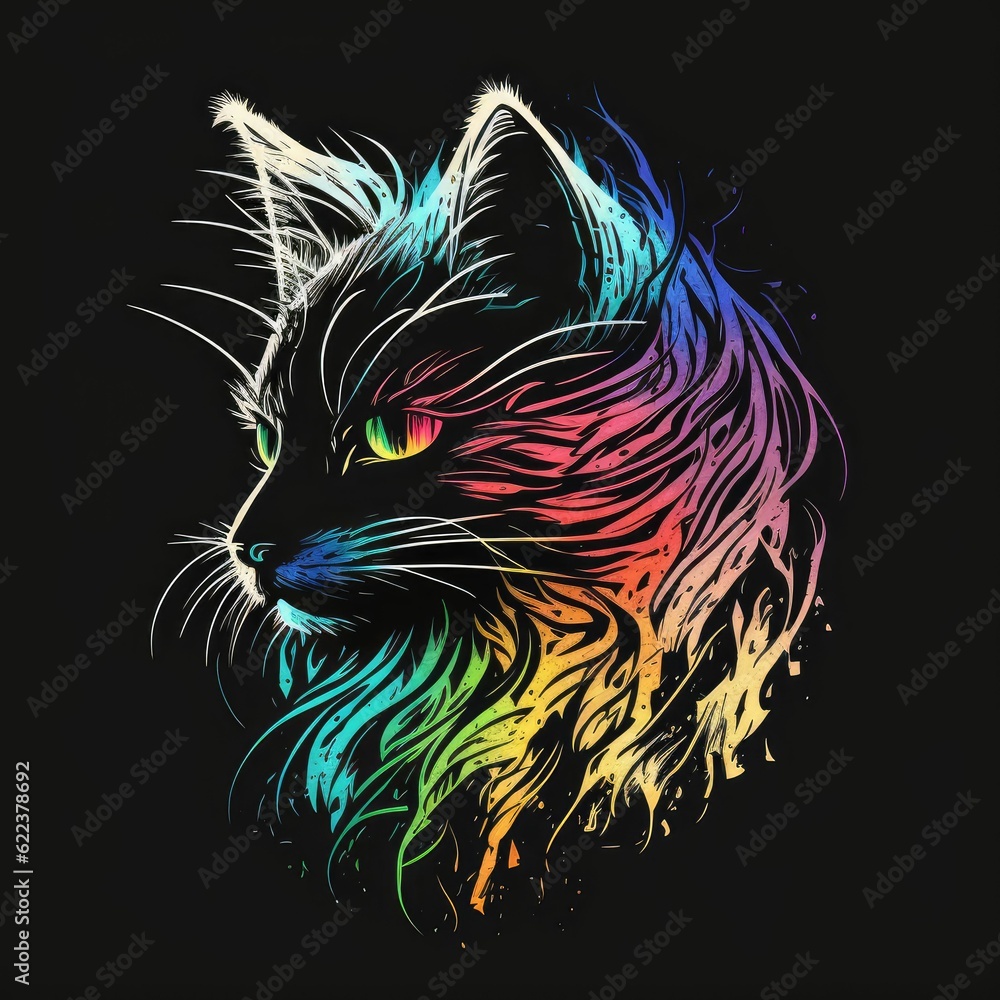 AI-generated illustration of a cat portrait over the black background