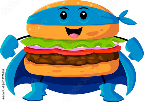 Cartoon fast food hamburger superhero character. Burger defender cute personage, street cafe meal defender or hamburger hero cheerful isolated comical vector mascot in blue mask and cape