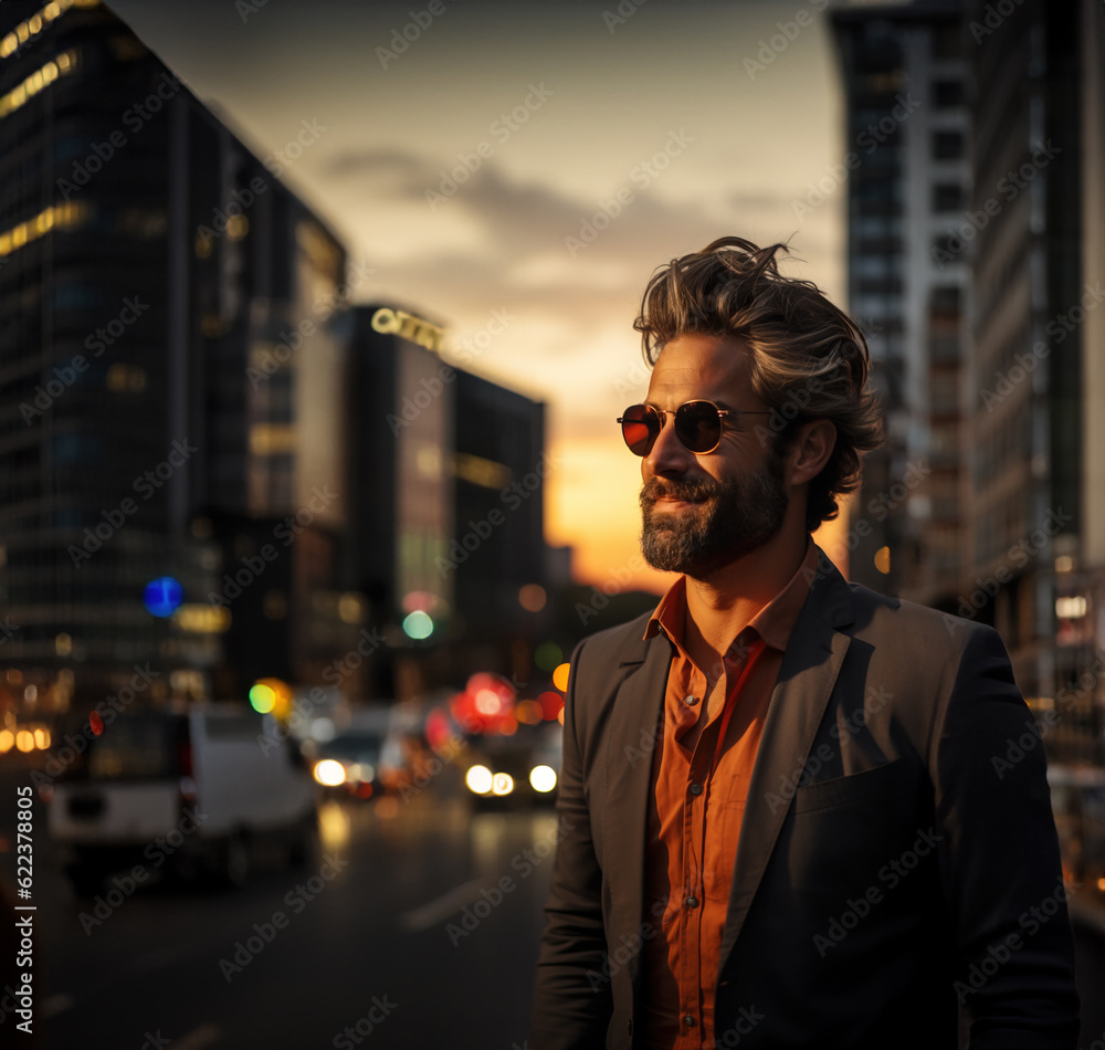 Young confident bearded business man standing in city street, Generative AI Illustration Young confident bearded business man standing in city street, Generative AI Illustration
