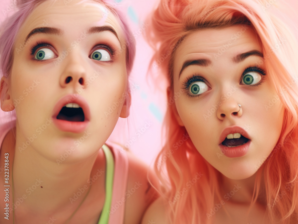Surprise astonished women. Closeup portrait of two teen women looking surprised in full disbelief wide open mouth, Generative AI Illustration Surprise astonished women. Closeup portrait of two teen women looking surprised in full disbelief wide open mouth, Generative AI Illustration