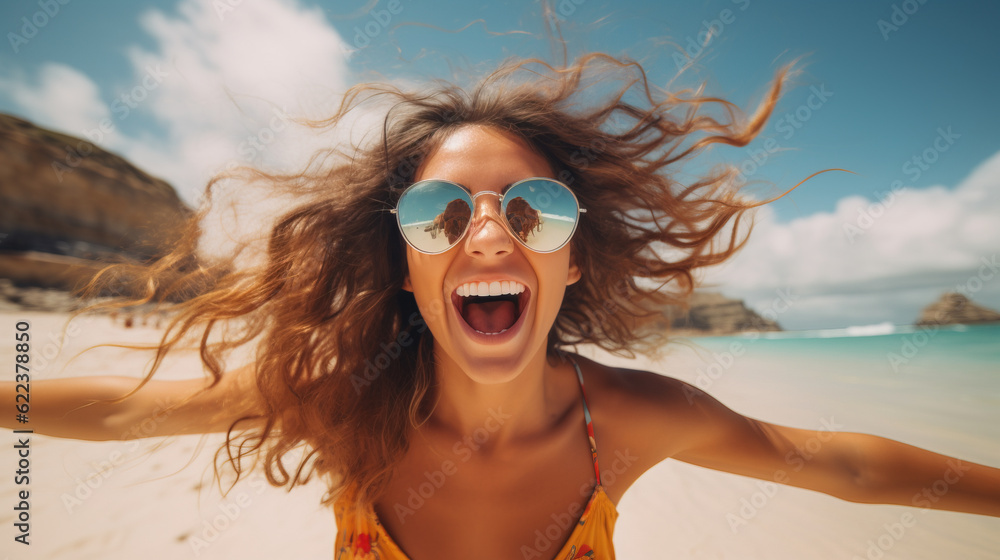 Super happy girl at the beach, Generative AI Illustration