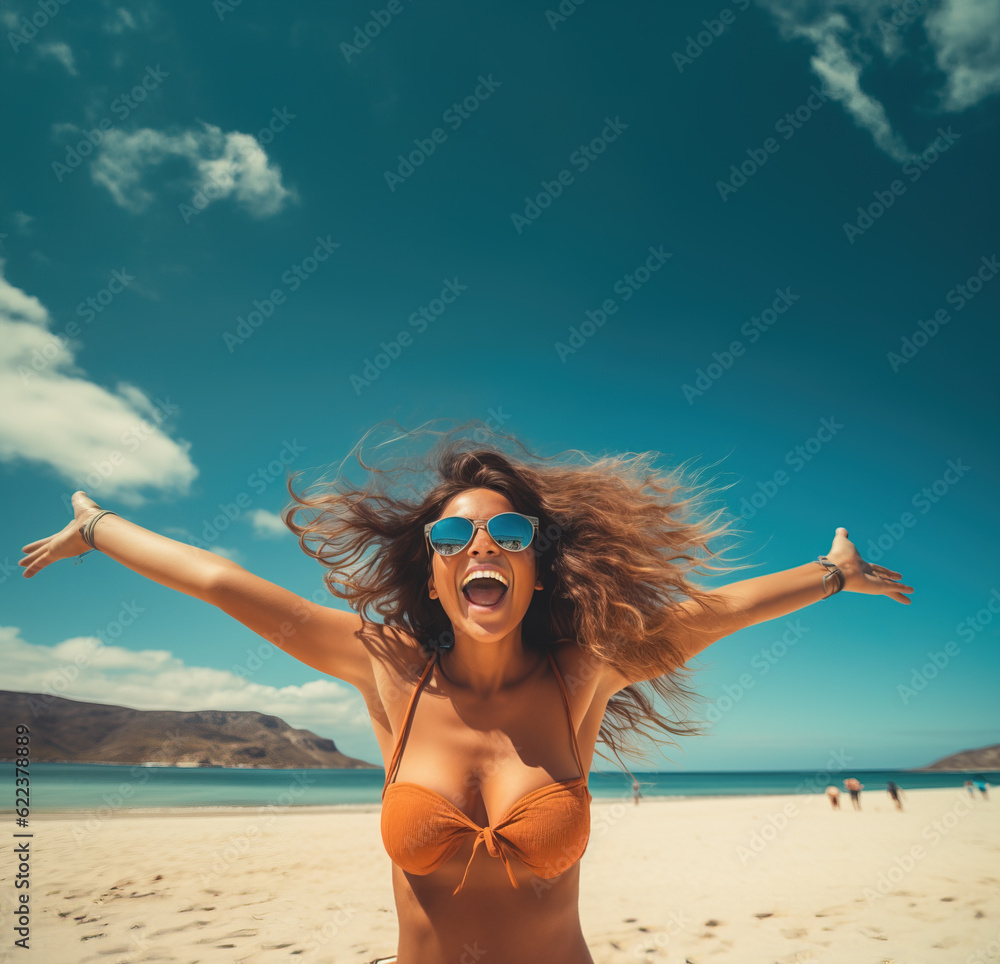 Naklejka premium Super excited Stunning young woman in swim suit standing with arms spread out on the beach, Generative AI Illustration