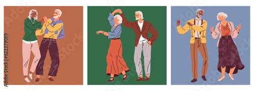 Old couple dance. Vector illustration. Man and woman hold hands and demonstrate dance moves. Grandma and grandpa at the dance. Retired senior couple dancing together. Aged people having fun