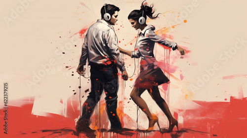 A dancing couple fall in love with painted, earphone lovely concept, Generative Ai