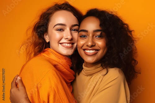 Two smiling women hugging each other in front of a yellow background. Multicultural female friends smiling, created with Generative Ai Technology