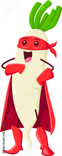 Cartoon cheerful daikon radish vegetable superhero character. Farm veggie strong warrior or defender isolated vector comical mascot. Radish superhero funny personage standing in hero red costume