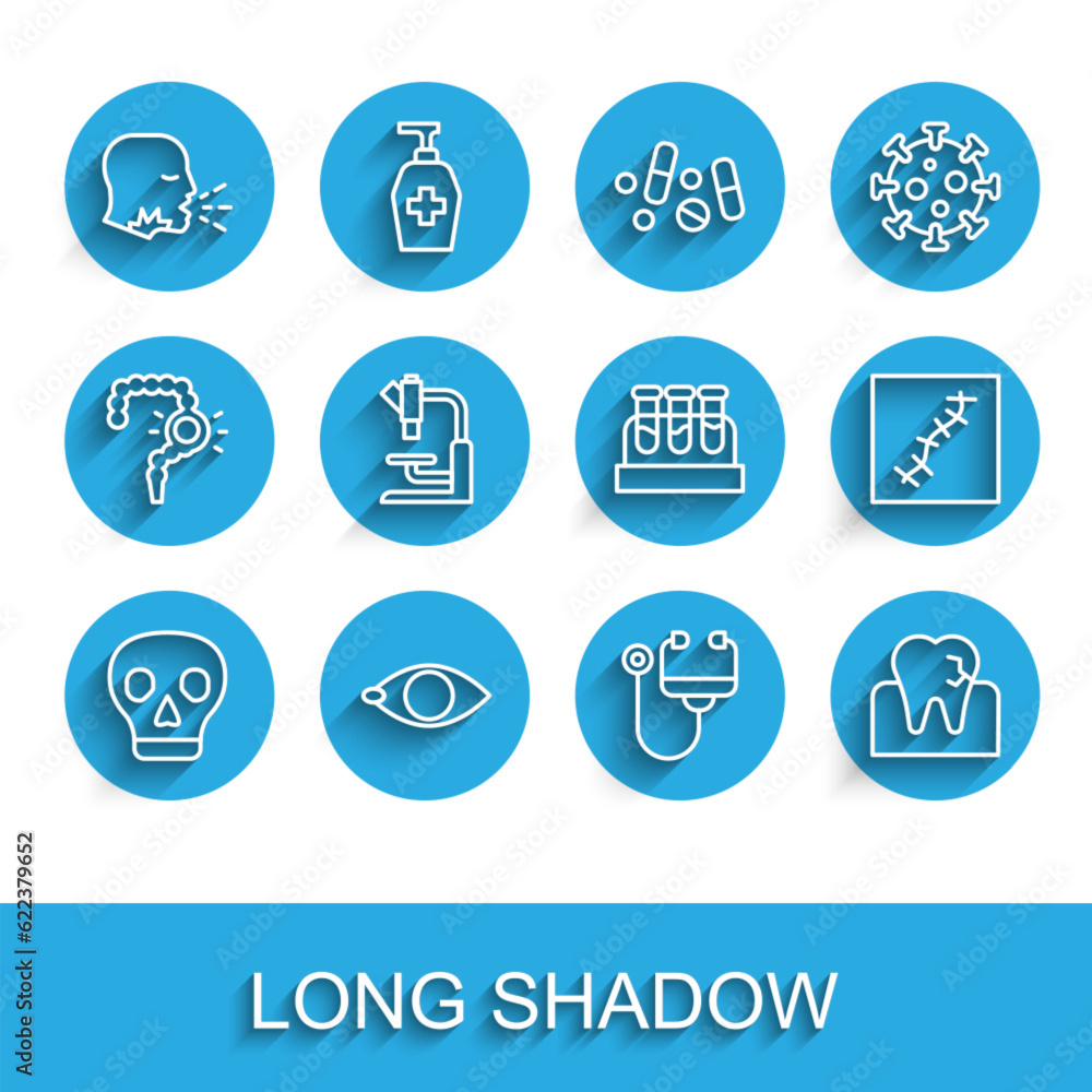 Set line Skull, Blindness, Man coughing, Stethoscope, Tooth with caries, Microscope, Scar suture and Test tube blood icon. Vector Set line Skull, Blindness, Man coughing, Stethoscope, Tooth with caries, Microscope, Scar suture and Test tube blood icon. Vector