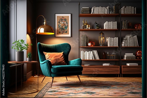 AI generated illustration of a stylish living room with a turquoise armchair and bookstand photo
