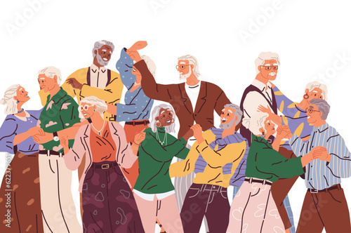 Old people dancing. Vector illustration. Grandpa does dance support, grandma. Elderly couple dancing at party. Cartoon old man and woman dancing. Happy grandmother and grandfather couples hugging