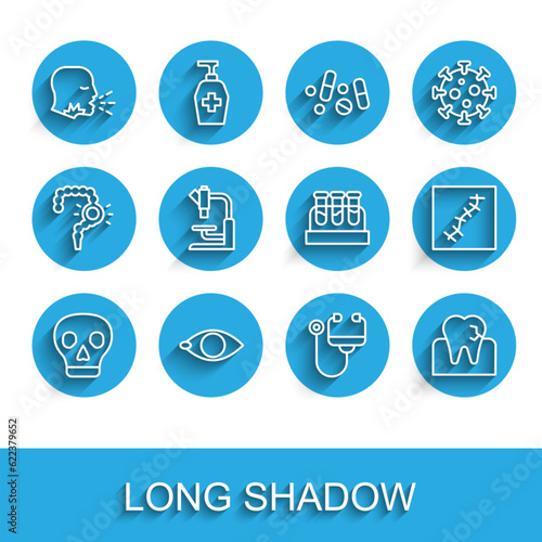 Set line Skull, Blindness, Man coughing, Stethoscope, Tooth with caries, Microscope, Scar suture and Test tube blood icon. Vector