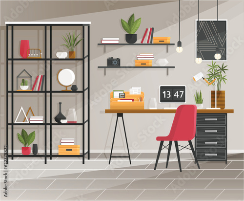 Design of modern office working place desk, chair, computer, desktop, plant, lamp, monitor, shelving with decorative elements. Coworking space interior. Workplace of employees, open office. Work table