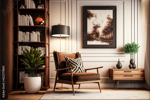 AI generated illustration of a modern home office with wooden furniture and plants