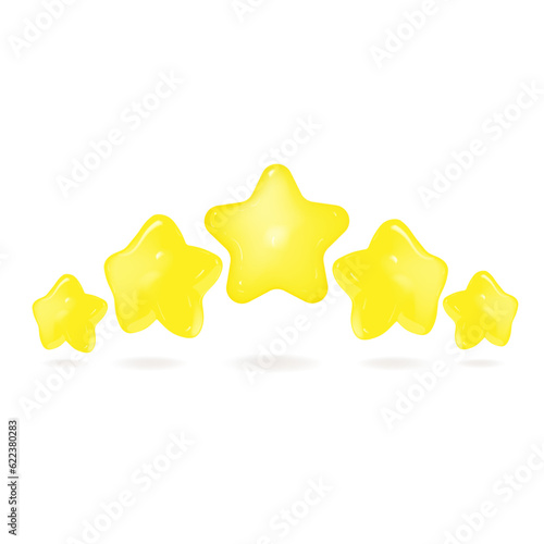 Five stars, glossy yellow colors. Customer rating feedback concept from the client about employee of website. Realistic 3d design of the object. For mobile applications. Vector illustration