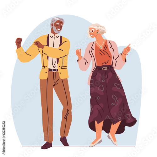 Old couple dance. Vector illustration. Holding hands while dancing. Old characters dating, love. Active funny old couple dancing at party. Grandparents celebrating anniversary. Man and woman hold hand photo