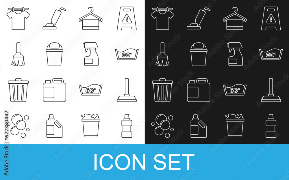 Set line Bottle for cleaning agent, Rubber plunger, Temperature wash, Towel on hanger, Trash can, Feather broom, Drying clothes and Cleaning spray bottle icon. Vector Set line Bottle for cleaning agent, Rubber plunger, Temperature wash, Towel on hanger, Trash can, Feather broom, Drying clothes and Cleaning spray bottle icon. Vector