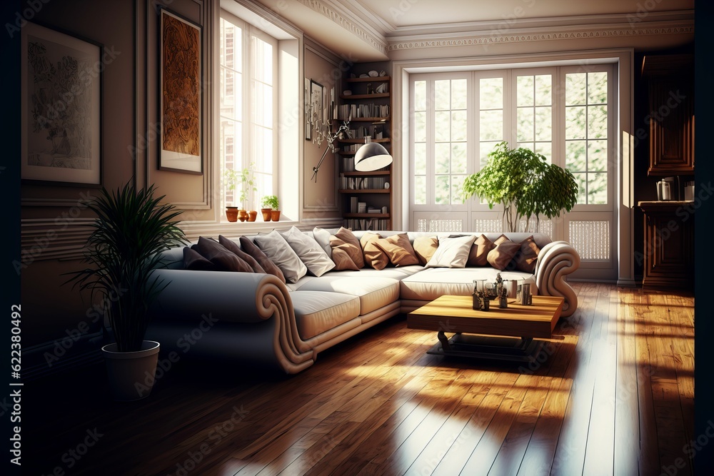 AI generated illustration of the interior of a modern lounge room with a long sofa with pillows AI generated illustration of the interior of a modern lounge room with a long sofa with pillows