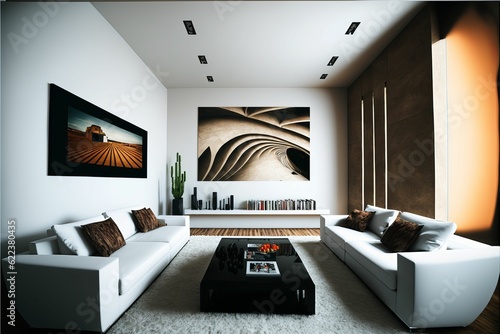 AI generated illustration of the interior of a modern sitting room with a big painting on the wall