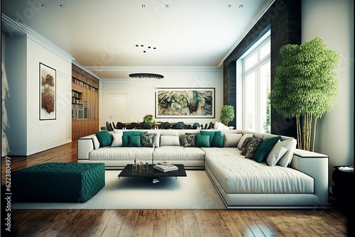 AI generated illustration of the interior of a modern lounge room with a long sofa with pillows