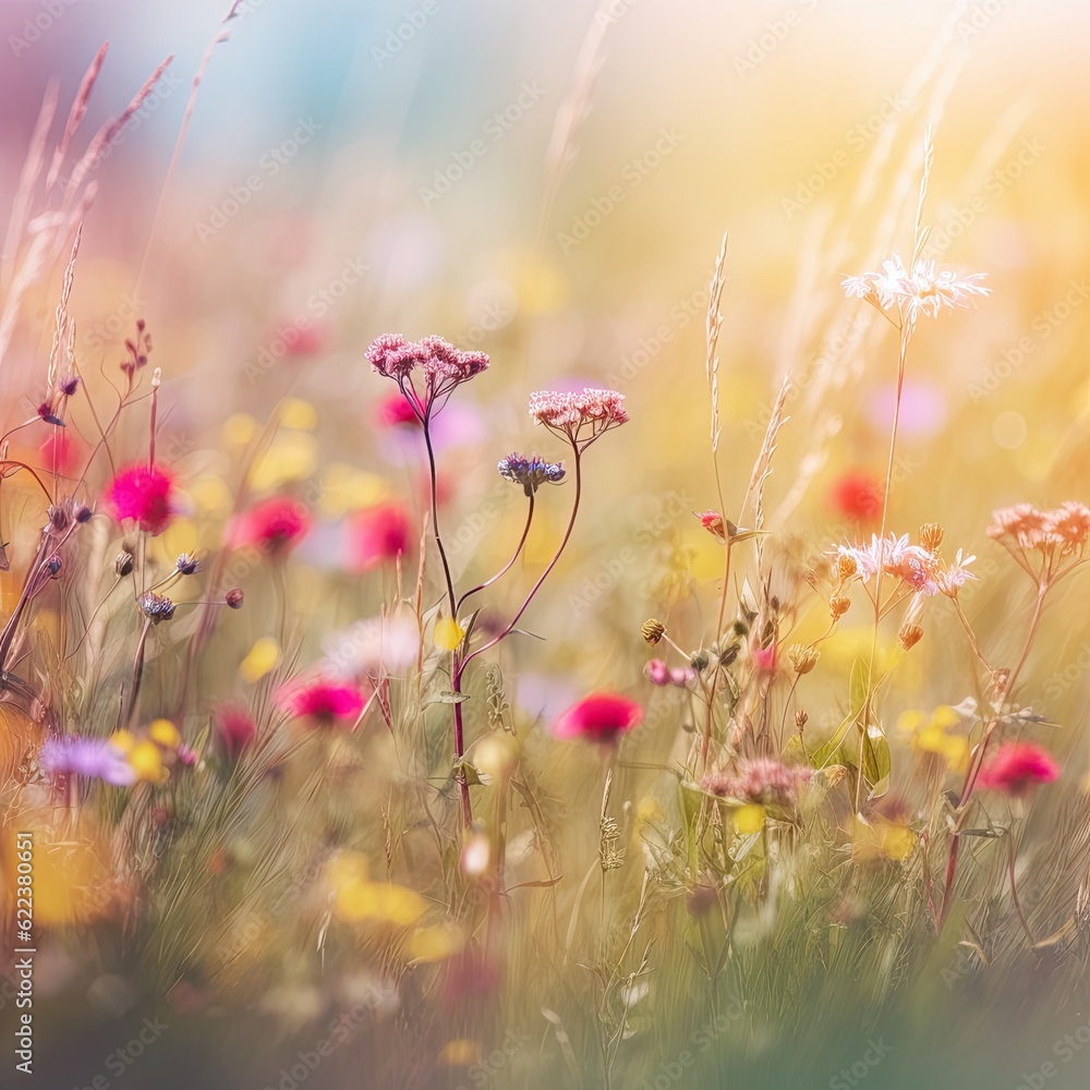 Colorful spring summer landscape with wildflowers in meadow