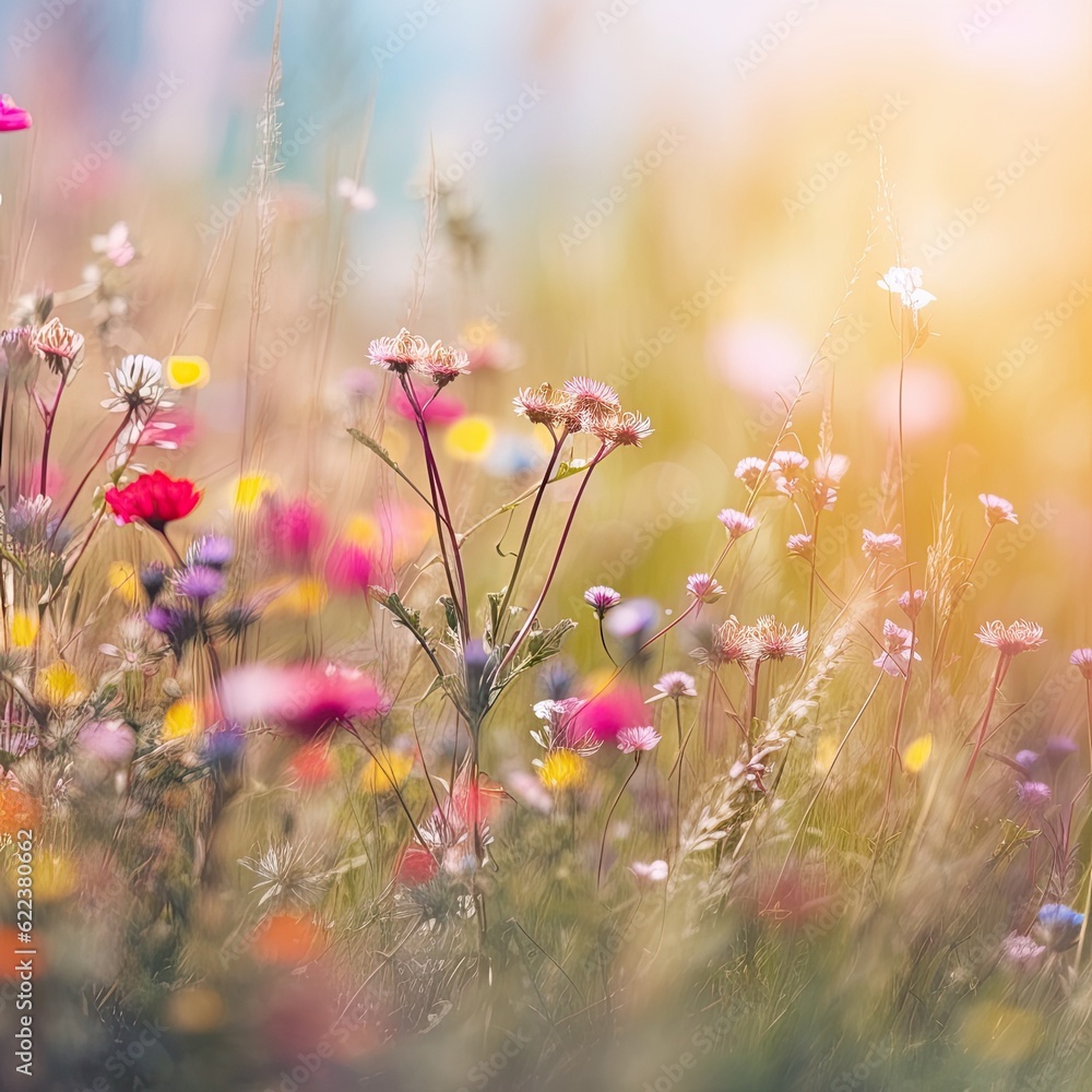 Colorful spring summer landscape with wildflowers in meadow Colorful spring summer landscape with wildflowers in meadow