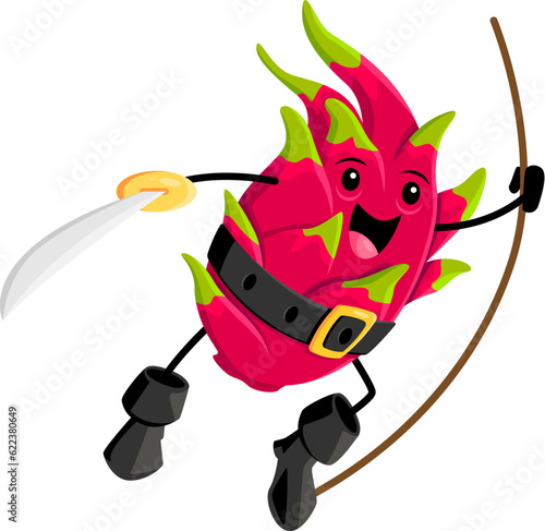 Cartoon dragon fruit pirate and corsair character riding rope with sword in hand, ready for adventure on the high seas. Bold, daring, and full of excitement tropical pitahaya fruity rover personage