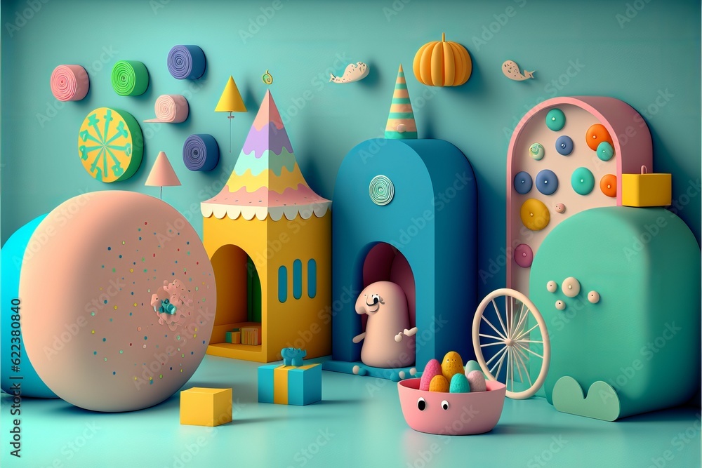 AI generated illustration of a cute colorful conceptual children's playroom design AI generated illustration of a cute colorful conceptual children's playroom design