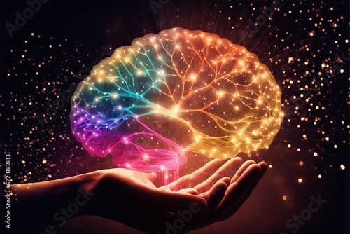 AI generated illustration of hand with floating illuminated human brain
