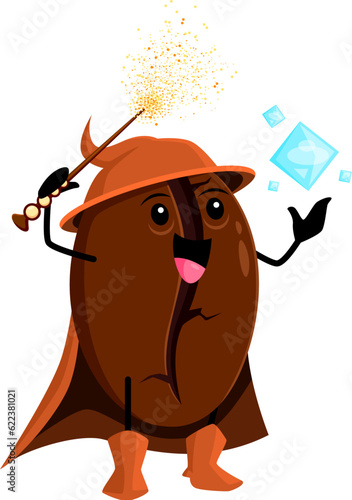 Cartoon coffee bean wizard, funny vector grain sorcerer character with magic wand casting spell. Brown arabica seed, smiling magician in cape and hat, fascinator personage, aromatic coffee wiz