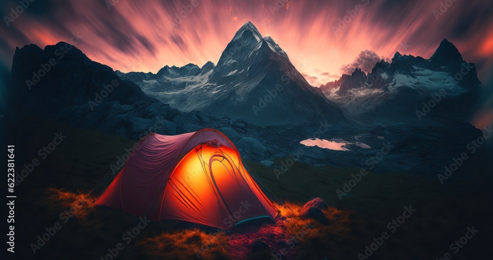 AI generated illustration of campaign tent in mountain landscape