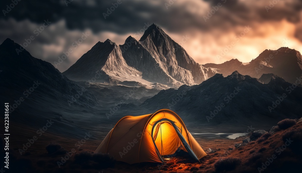 AI generated illustration of campaign tent on mountain landscape