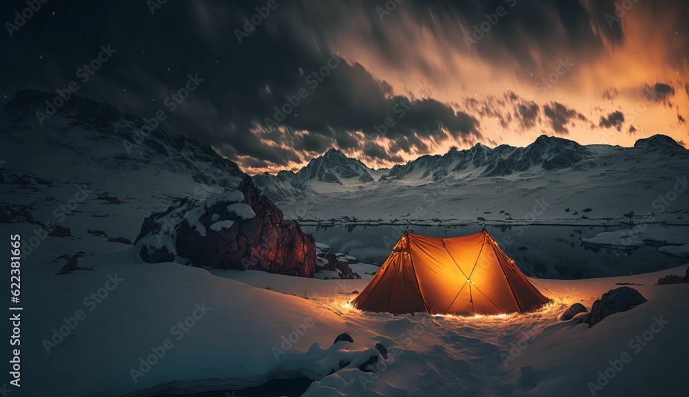 AI generated illustration of campaign tent on mountain landscape