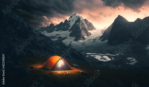 AI generated illustration of campaign tent in mountain landscape © Caner Bilir/Wirestock Creators