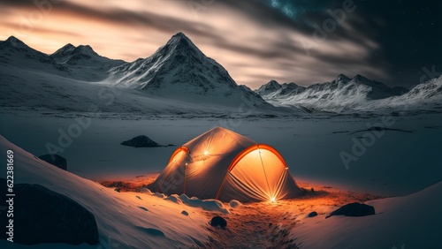 AI generated illustration of campaign tent on mountain landscape