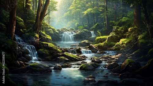 Forest waterfall. Forest stream - nature, Generative Ai © oldwar