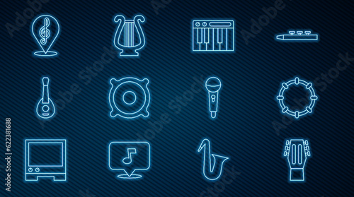 Set line Guitar, Tambourine, Music synthesizer, Stereo speaker, Treble clef, Microphone and Ancient lyre icon. Vector