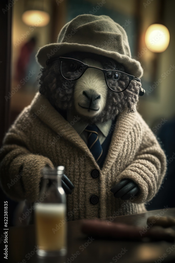 AI-generated illustration of a bear in human clothes in a bar. AI-generated illustration of a bear in human clothes in a bar.