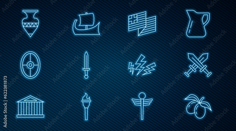 Set line Olives branch, Crossed medieval sword, Greece national flag, Medieval, Greek shield, Ancient amphorae, Zeus and trireme icon. Vector Set line Olives branch, Crossed medieval sword, Greece national flag, Medieval, Greek shield, Ancient amphorae, Zeus and trireme icon. Vector
