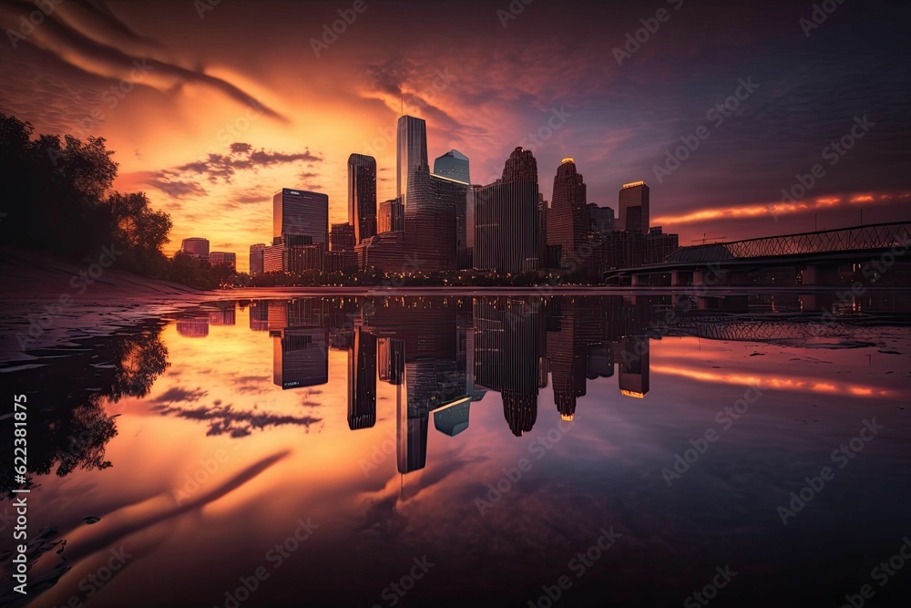 AI generated illustration of skyscrapers by a lake reflecting on its surface at sunset