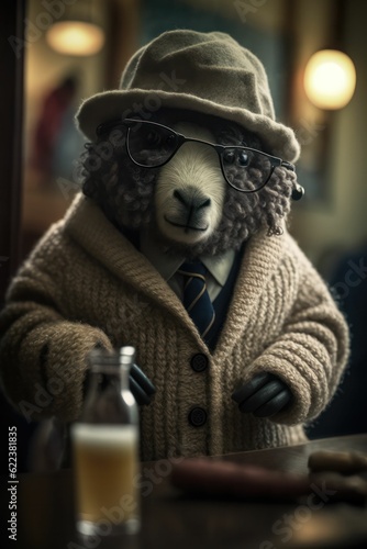 AI-generated illustration of a bear in human clothes in a bar.